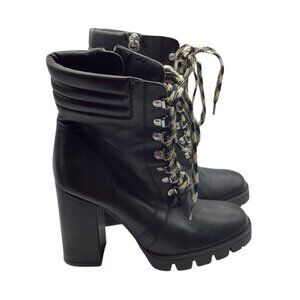 Zara Black Leather Chunky Heel Lace-Up Ankle Boots Side Zipper EU37